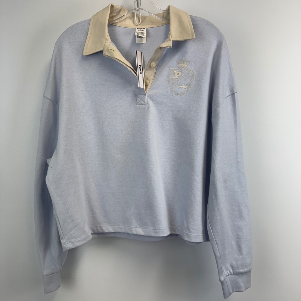 Victorias Secret PINK Rugby Sweatshirt Light Blue Crest Logo Pullover M NEW